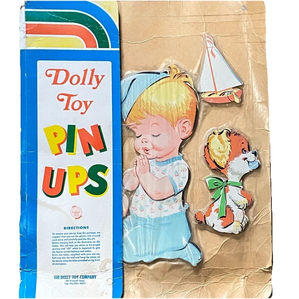 Vtg 50s Dolly Toy Co. Girl & Boy Praying w/ Dog Wall Decor Hanging Set NOS